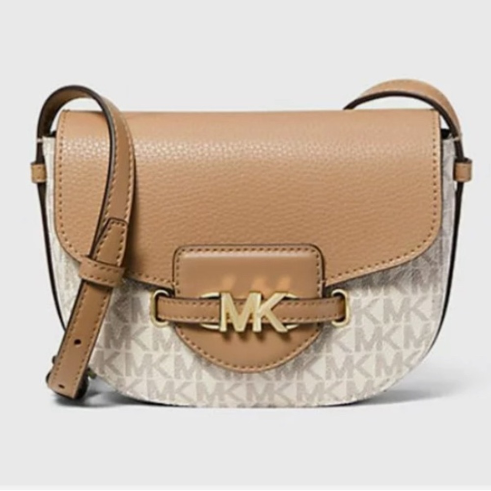 Michael Kors Womens Reed Small Logo and Leather Crossbody Bag (Camel)